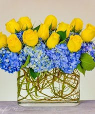 Yellow Roses with Blue Hydrangea