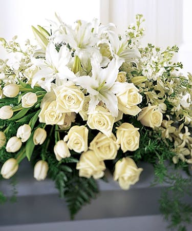 All White Seasonal Funeral Flower Arrangement Mary Murray S